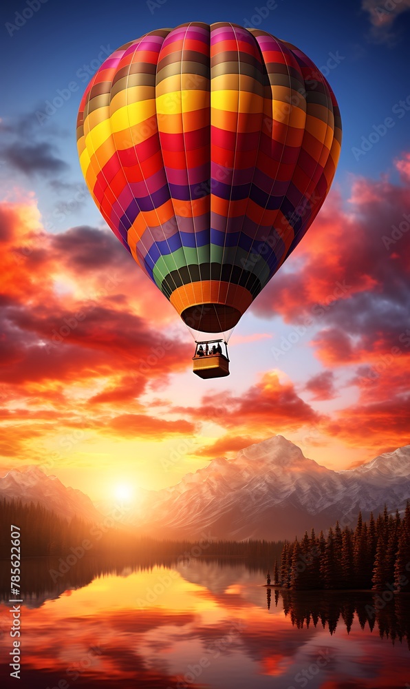 Fototapeta premium Hot air balloon over the lake at sunset, beautiful landscape