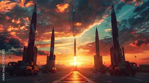 Missiles pierce the sky at sunset, showcasing the might of military defense systems.