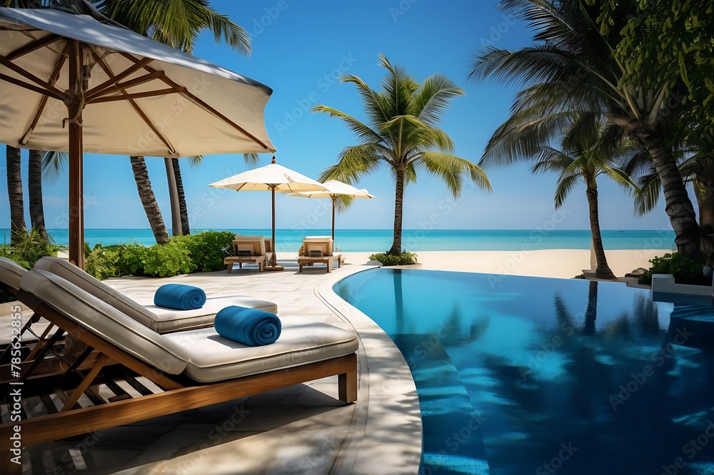 Luxurious swimming pool with umbrella and chair in luxury hotel resort - Vintage Light Filter