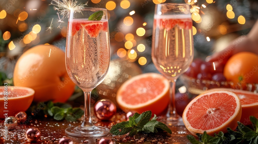   A tight shot of two glasses of wine on a table, flanked by grapefruits and oranges, near a decorated Christmas tree