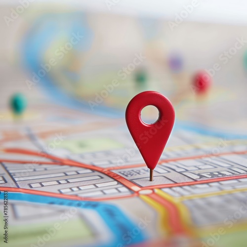 A red location pin on the map, with blurred city streets in the background The focus is sharp and clear on the pin, while the surrounding area of street lines blurs slightly into soft pastel colors Th