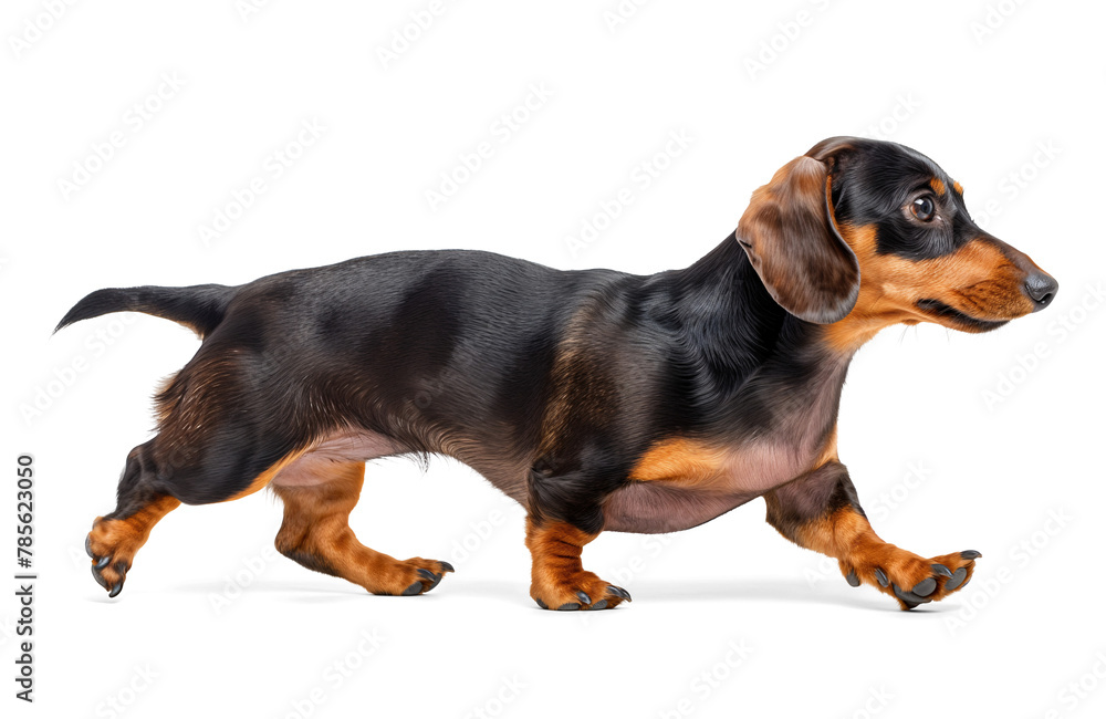 dachshund dog in walking pose, side profile view on isolated transparent background