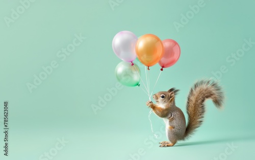 A cute squirrel holds flying balloons against green background.