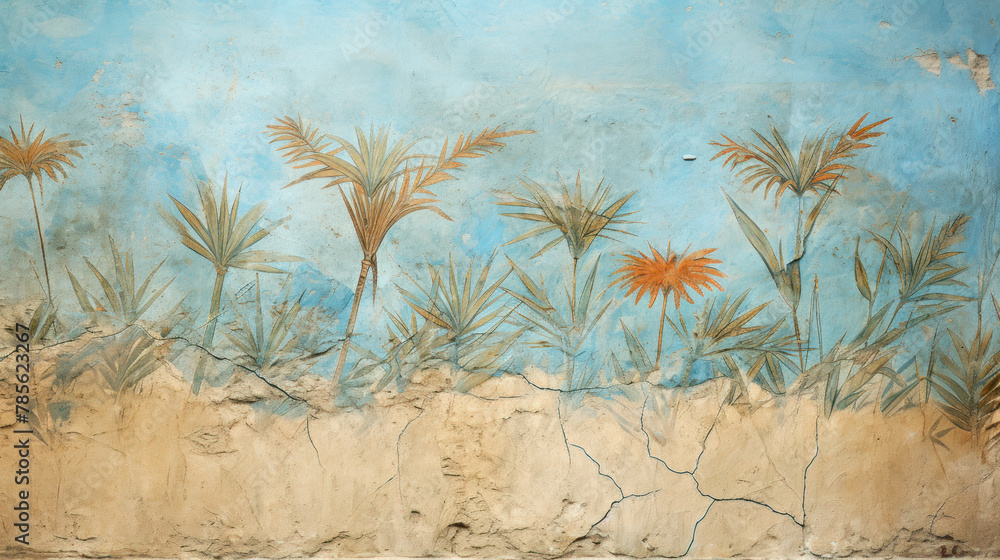 Fototapeta premium Old wall painting of plants like Ancient fresco, flowers on light blue cracked plaster background. Concept of art, beauty, vintage mural, nature, culture, antique