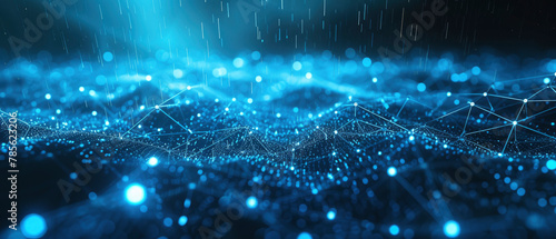 Dark blue digital data background, network surface with lights and lines in abstract space in rain at night. Concept of future, secure technology, cyber city, pattern, tech photo