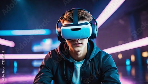 Gamer Wearing VR Headset in Neon-Lit Room 