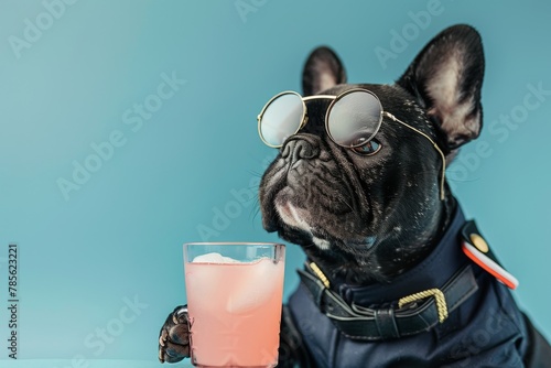 Cool French Bulldog in Retro Uniform with a Drink, Black French Bulldog Wearing Glasses © artemstepanov
