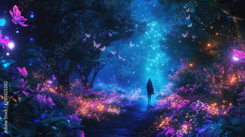 Fairy tale forest with glowing neon flowers, person walks on path in dark magical woods with lights. Concept of fantasy world, nature, wonderland, art. © karina_lo