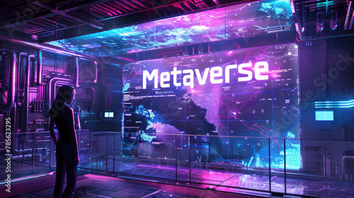 Metaverse abstract background, dark room in futuristic digital space, inside cyber virtual reality. Concept of technology, future, tech, data, universe