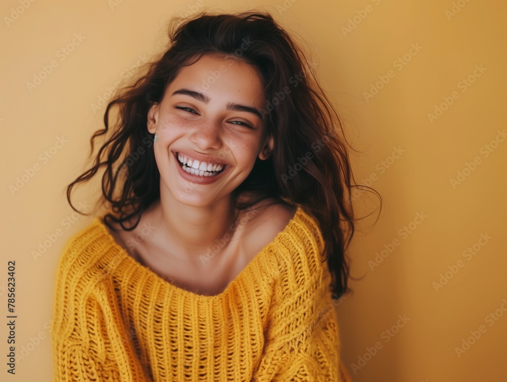Portrait of happy young woman smiling at camera isolated on bright yellow background - obrazy, fototapety, plakaty 
