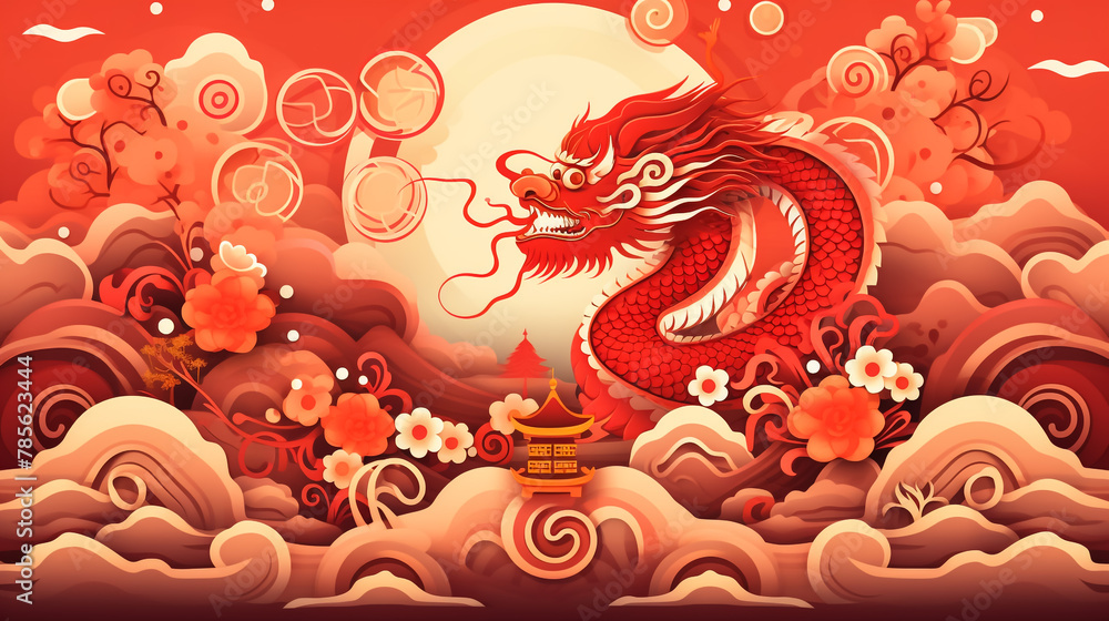 Happy Chinese New Year 2024. Chinese dragon gold zodiac sign on red background for card design. China lunar calendar animal.
