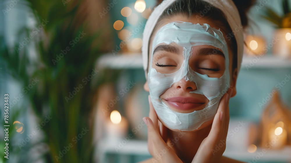 Portrait of young woman doing facial treatment mask at spa . Skincare and treatment cosmetology concept .. Portrait of young woman doing facial treatment mask at spa . Skincare and treatment cosmetology concept ..