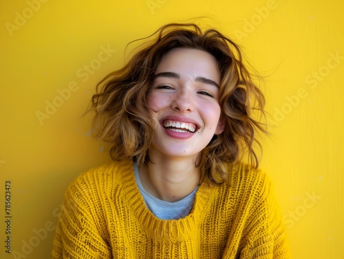 Portrait of happy young woman smiling at camera isolated on bright yellow background