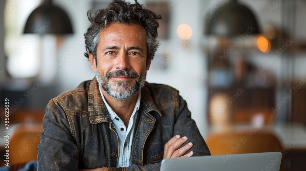 Fototapeta premium Seasoned Entrepreneur Working on Laptop in Casual Attire Generative AI