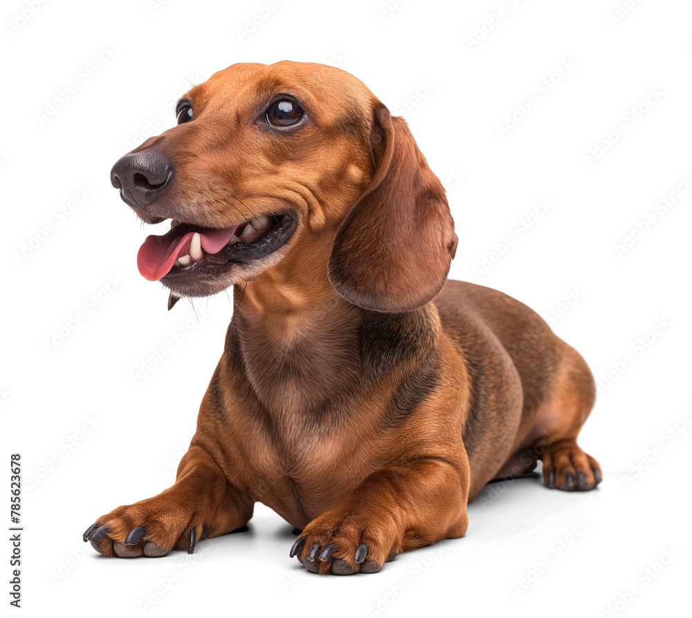 Cute happy dachshund dog with tongue out on isolated background