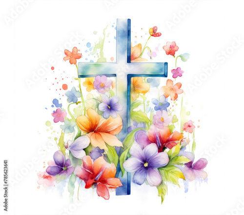 Watercolor cross with flowers. Easter design