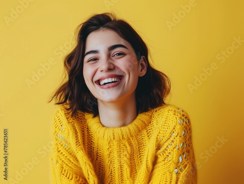 Portrait of happy young woman smiling at camera isolated on bright yellow background