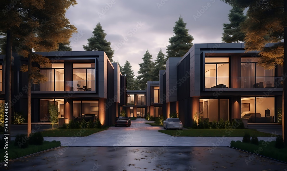 Modern modular private townhouses of cozy house with parking and pool in luxurious style.