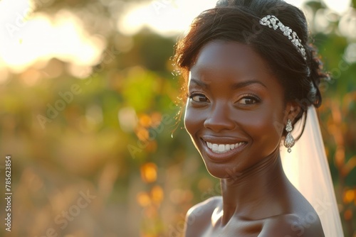A woman in a white wedding dress smiles directly at the camera, exuding joy and happiness on her special day
