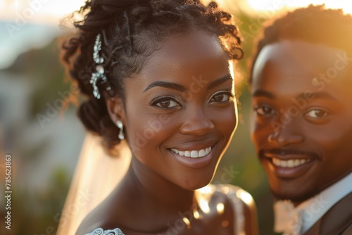 A bride and groom dressed in wedding attire pose for a picture in a formal setting