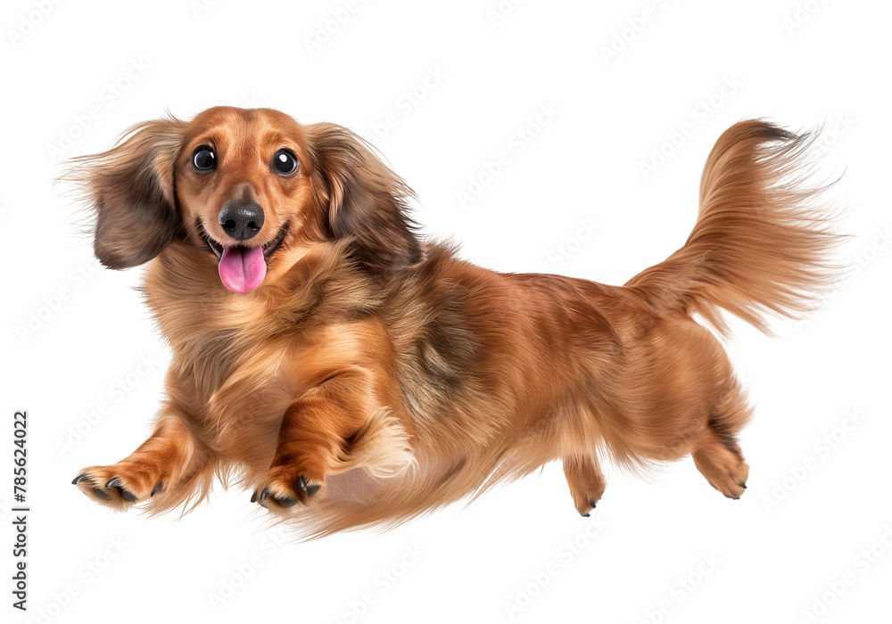 Happy excited dachshund jumping in the air on isolated background
