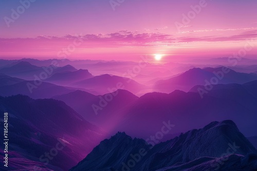 The sun dips below the horizon  casting a warm glow over the jagged peaks of a mountain range