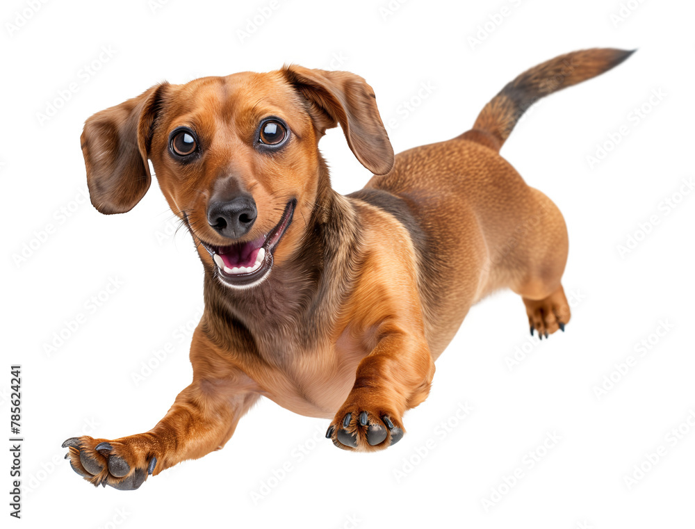 Excited sausage dog jumping floating on isolated background