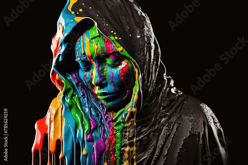 Art Photography Portrait of a Hooded Woman Figure with Dripping Black Paint and Colorful Surreal Design
 photo