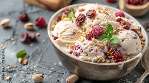 Creamy ice cream dessert with dried fruits and nut