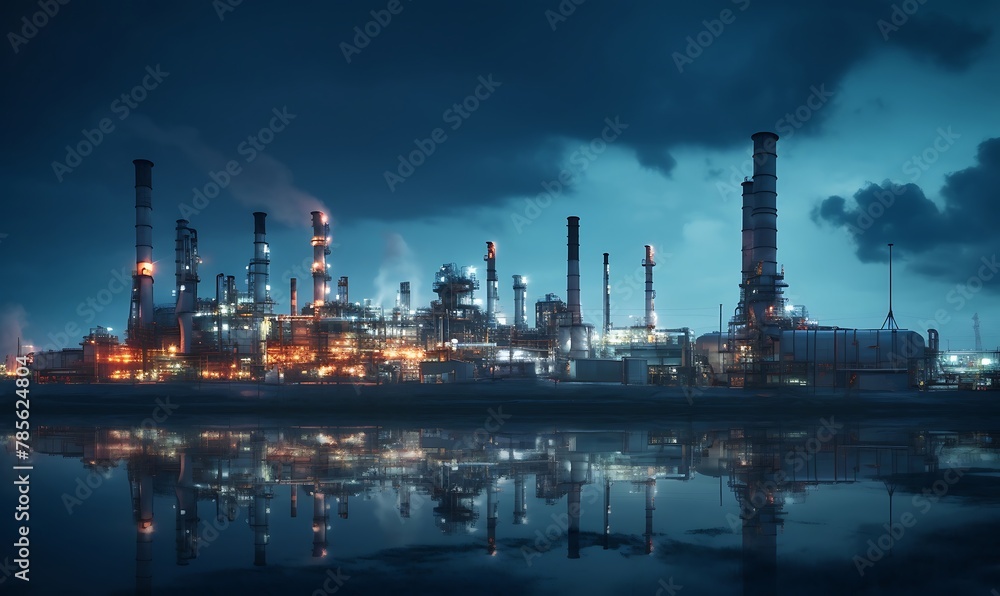 Petrochemical plant at night with blue sky and white clouds. Petrochemical plant at night with blue sky and white clouds.