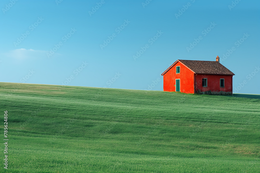 Rotes Haus auf grünem Hügel, Italien Rotes Haus auf grünem Hügel, Italien