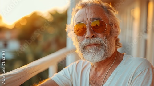Joyful Bearded Man in Sunglasses Enjoying Outdoor Scenery Generative AI © Alex