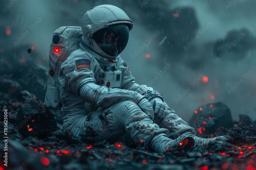An astronaut in a spacesuit is sitting on the ground in a dark environment