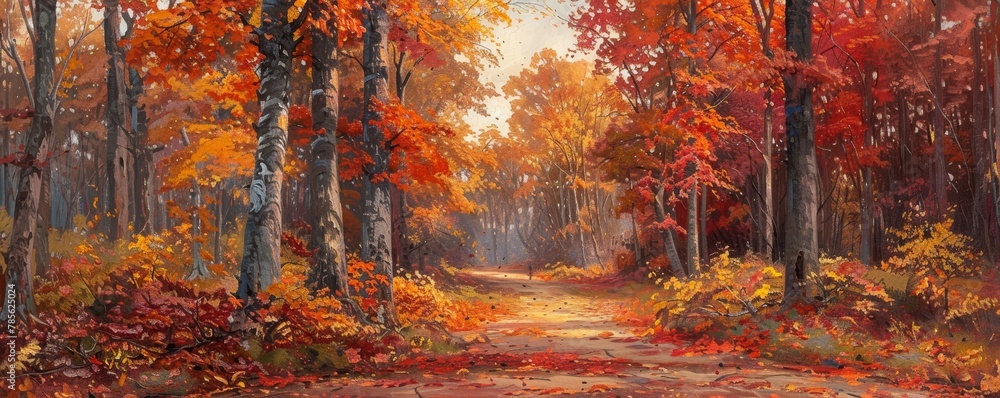 A serene path winds through a forest ablaze with the warm, rich hues of autumn foliage, evoking a sense of calm and natural beauty.