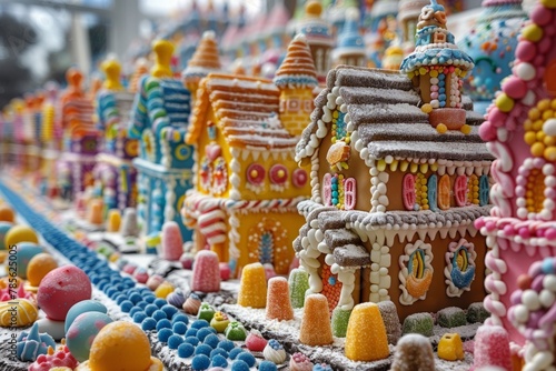 Display featuring various colorful gingerbread houses and an abundance of candy on a table