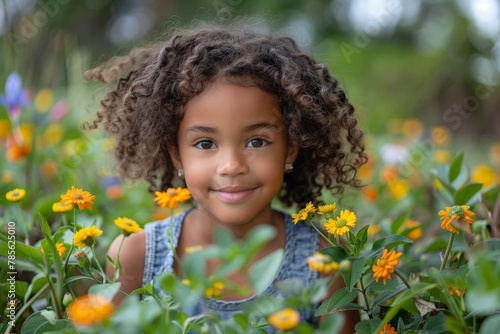 A young girl standing amidst a vibrant field of colorful flowers, surrounded by natures beauty
