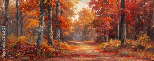 A serene path winds through a forest ablaze with the warm, rich hues of autumn foliage, evoking a sense of calm and natural beauty.