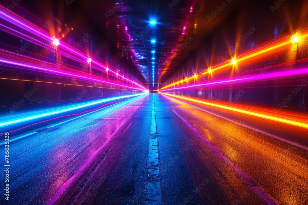Long exposure shot of a tunnel filled with bright lights streaking through, creating a dynamic and captivating scene