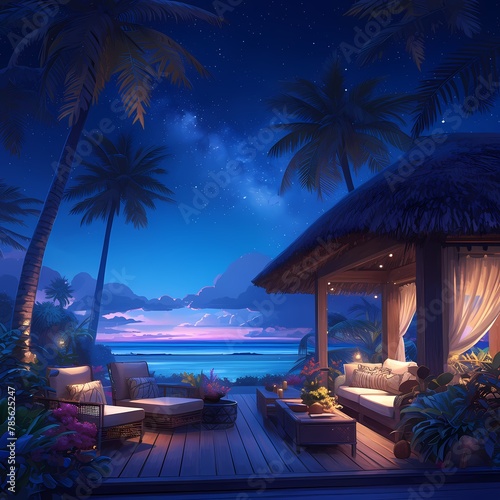 Relax and Unwind in Paradise: A Panoramic View of a Serene Tropical Cabin on the Beach as Night Falls © RobertGabriel