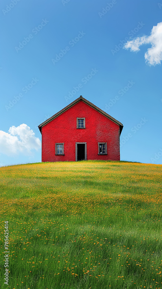 Rotes Haus auf grünem Hügel, Italien Rotes Haus auf grünem Hügel, Italien