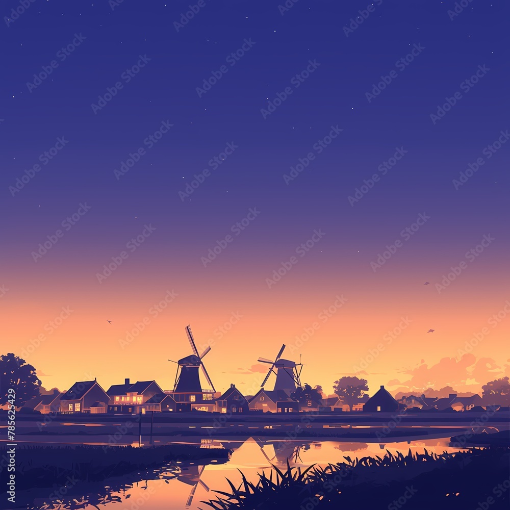Captivating Scene of a Quaint Village at Dusk with Windmills and a Body of Water Reflecting the Warm Colors of the Setting Sun