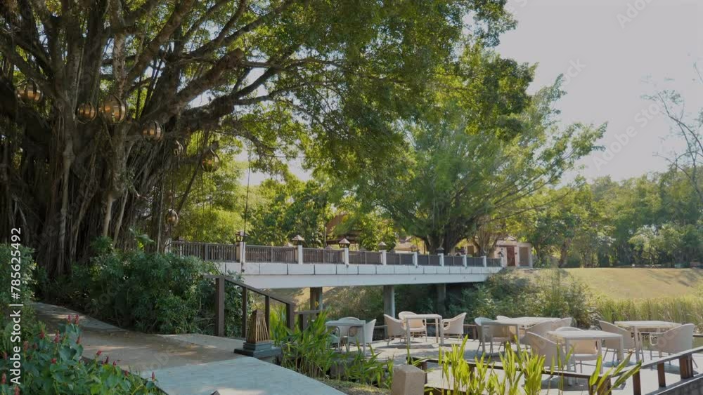Tranquil outdoor cafe setting with wooden deck and chairs surrounded by lush greenery in serene garden environment. Nature and relaxation. Tranquil outdoor cafe setting with wooden deck and chairs surrounded by lush greenery in serene garden environment. Nature and relaxation.