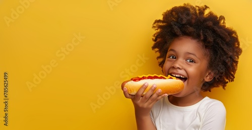 Studio Photo Of a Black Boy Happily Eating A Big Hot Dog With Mustard And Ketchup, Yellow Background With Copy Space