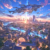 A futuristic city bathed in the soft glow of twilight, with a majestic starship soaring overhead, embodying advanced technology and wonder.