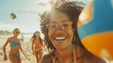  Happy Woman Playing Beach Volleyball with Friends on Sunny Day