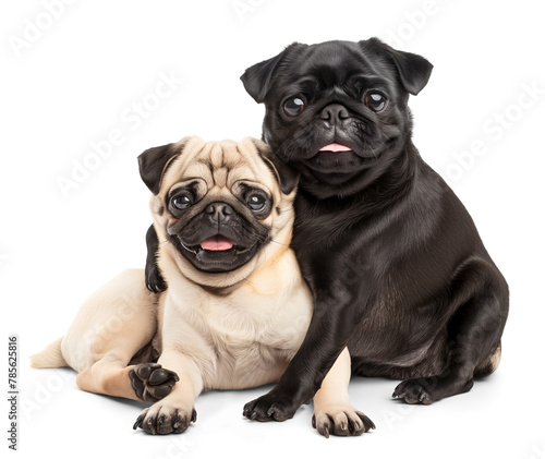 Cute happy pug family couple hug each other with different coat colors © FP Creative Stock