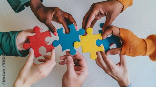 Teamwork concept with colorful puzzle pieces in hands coming together. Group collaboration, unity in diversity, problem-solving image. AI