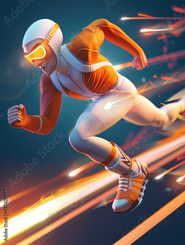 Futuristic athlete in an orange suit sprinting - A vibrant image capturing a futuristic runner in a sleek orange suit, emphasizing motion and technology with a blurred background