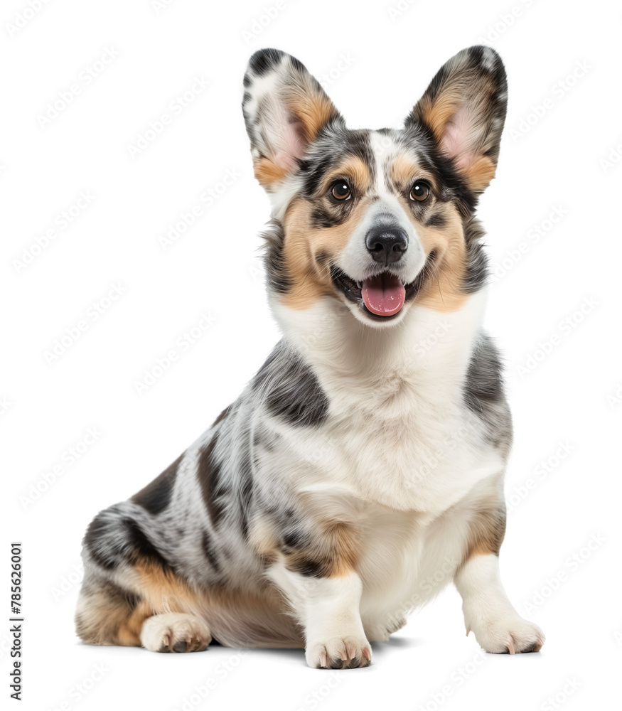 Cute welsh corgi in merle coat color sitting portrait on isolated background