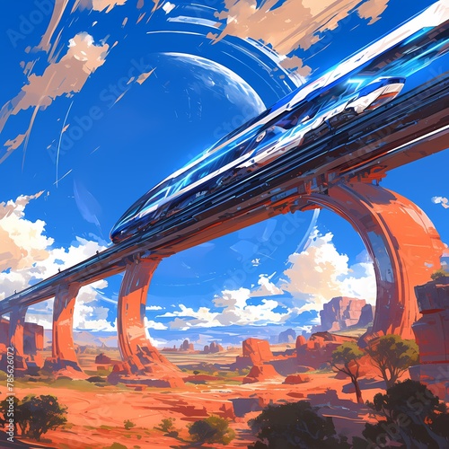 Explore the Future: A Hyper-futuristic Monorail Cruises Above a Vast Desert Oasis in 2059